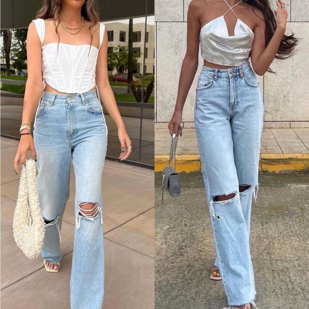 ZARA High Rise‎ Wide Leg Distressed Denim Jeans size 2 - Picture 7 of 13